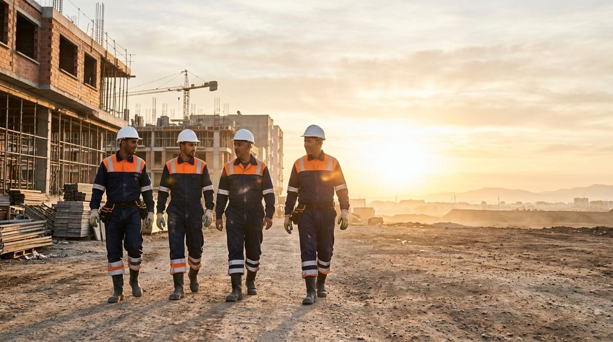 Équipe de chantier en combinaisons marine et orange au lever du soleil