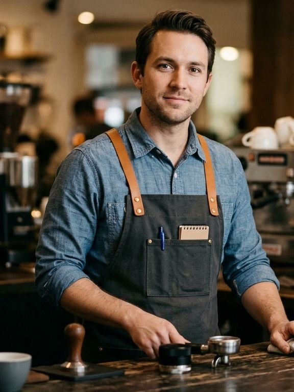 Barista en chemise chambray et tablier toile