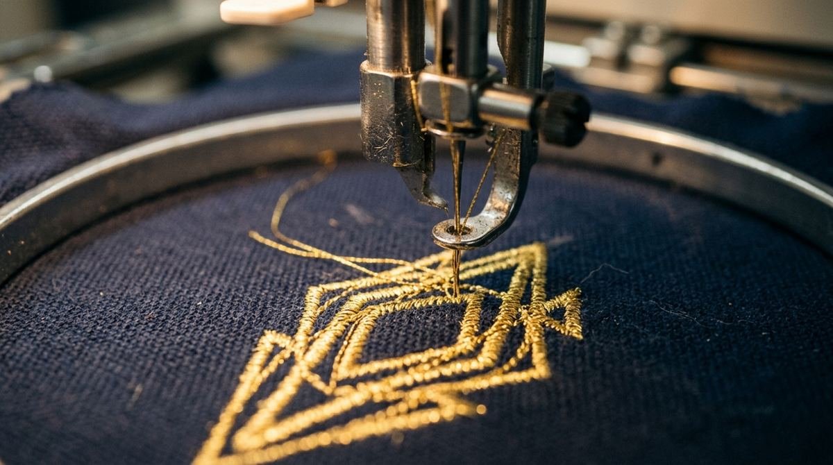 Machine à broder un motif doré sur tissu marine