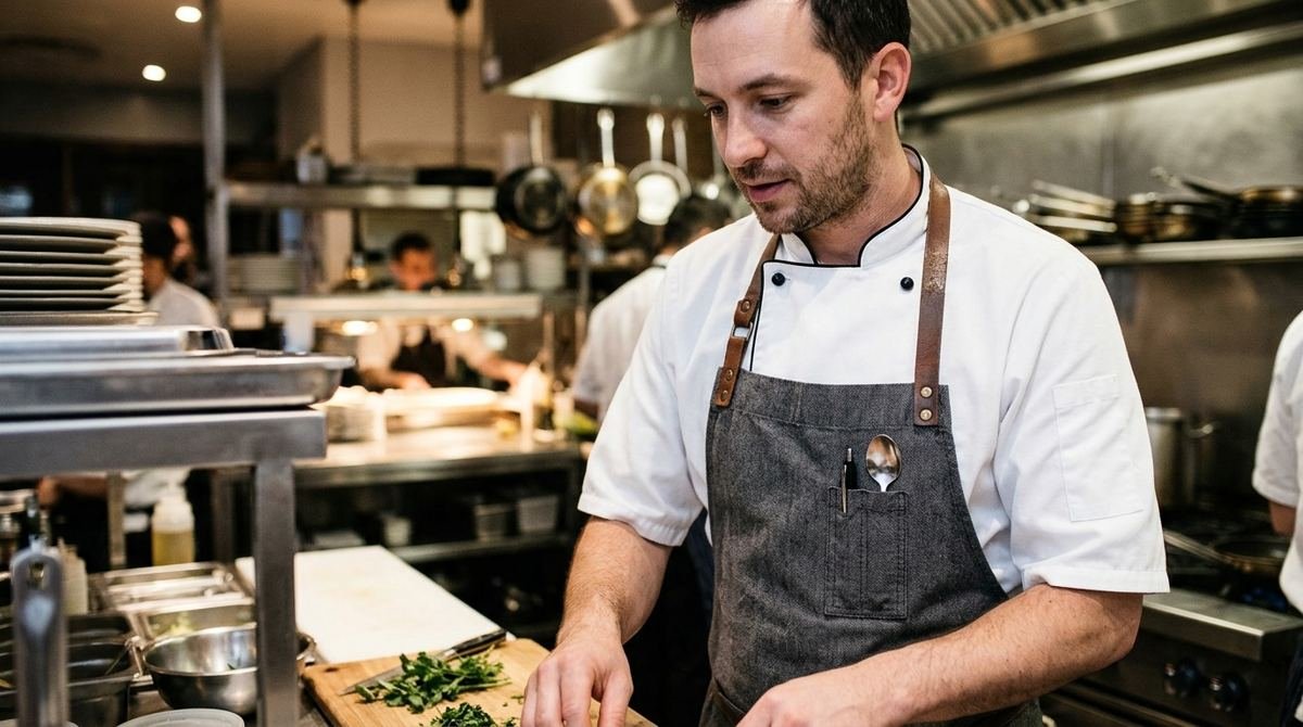 Chef en veste blanche et tablier gris en cuisine