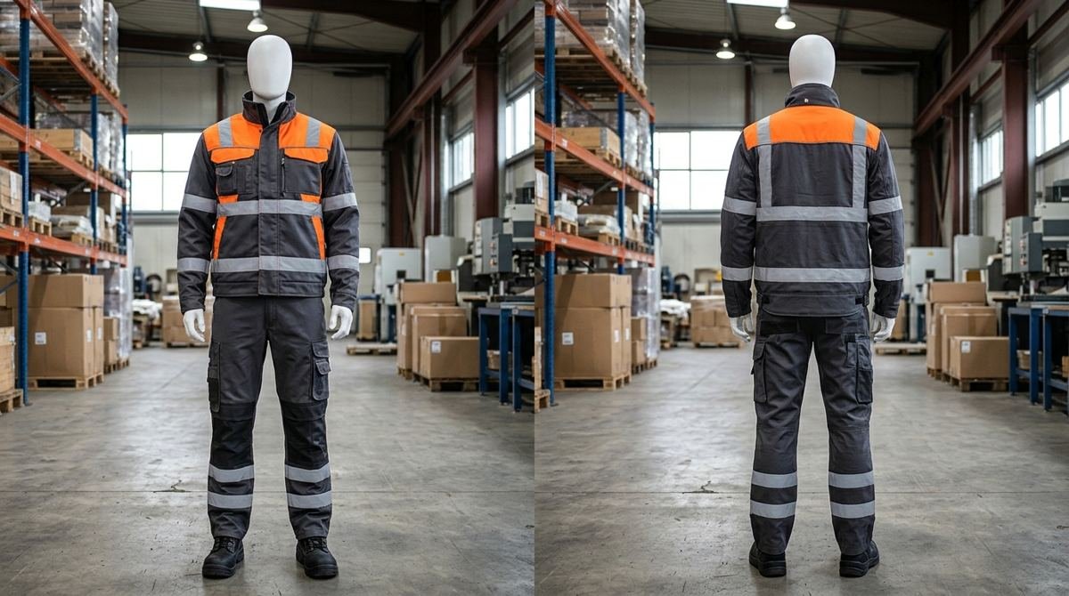 Ensemble de travail gris et orange de face et de dos