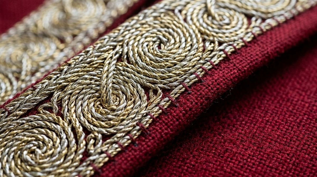 Galon brodé or et argent sur tissu rouge