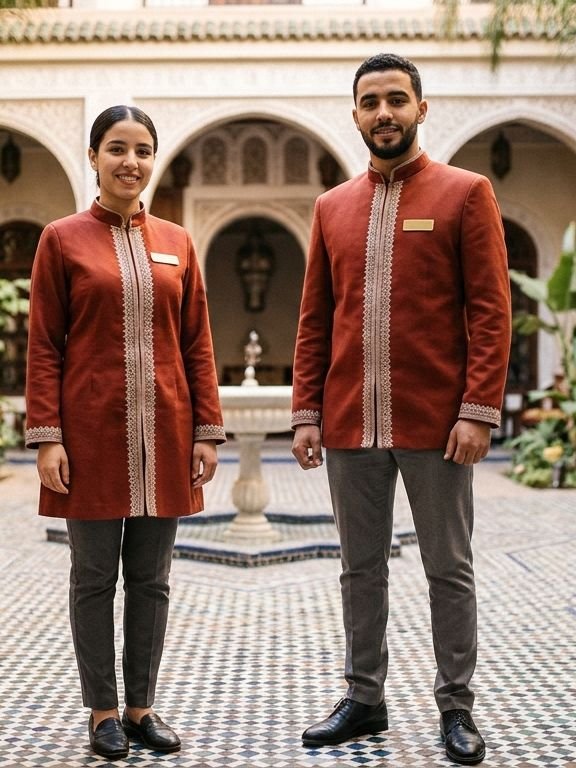 Réceptionniste et concierge en tunique rouge à galons dans la cour d'un riad