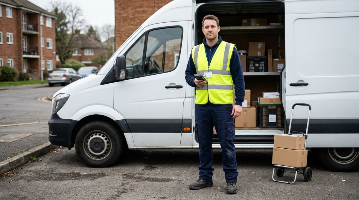 Livreur en gilet haute visibilité devant une camionnette