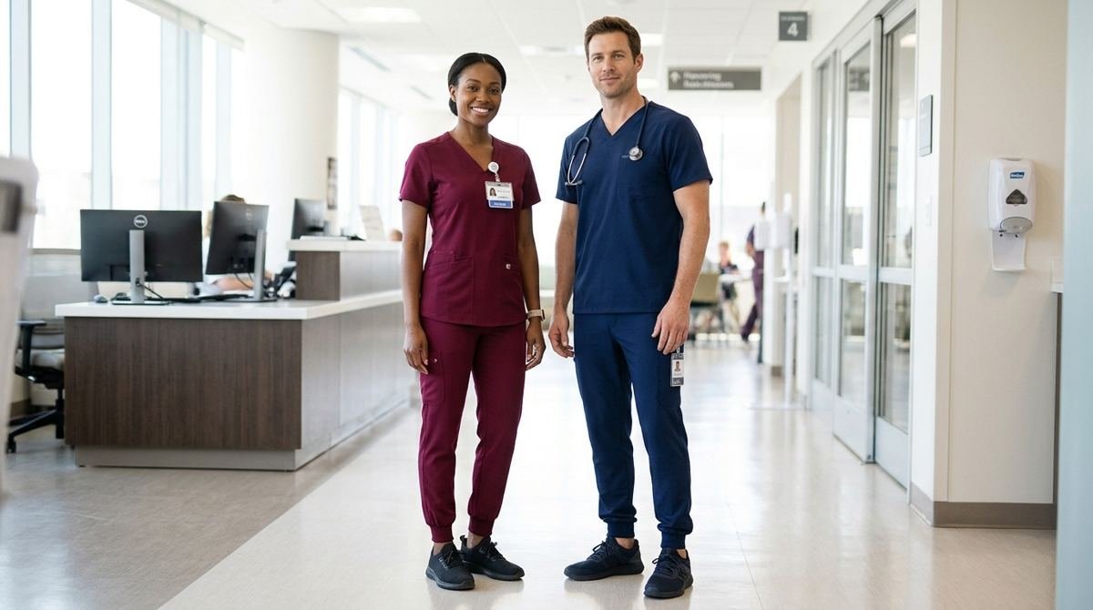 Soignants en pyjamas médicaux bordeaux et marine