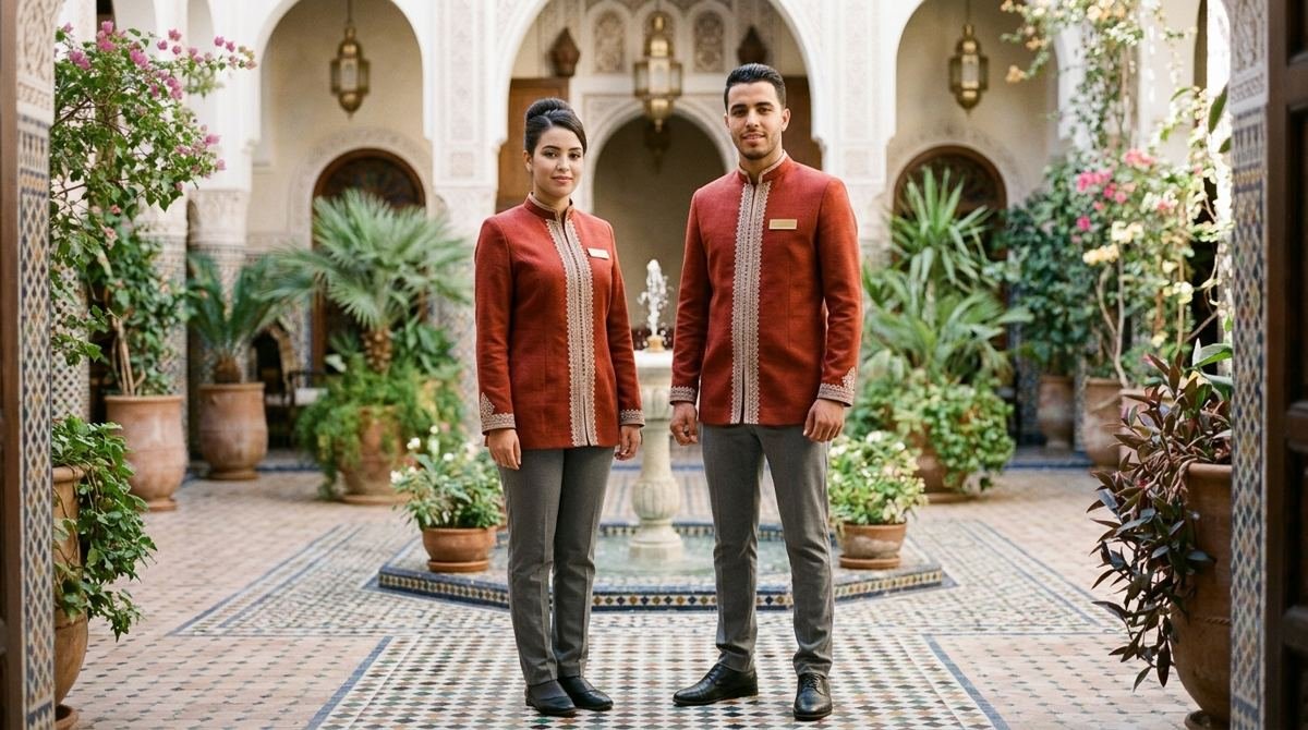Équipe d'accueil en tuniques traditionnelles dans un riad
