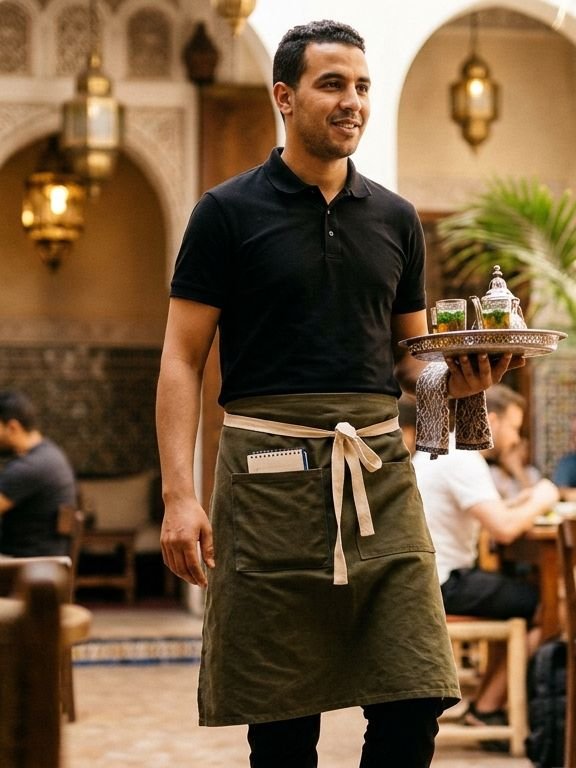 Serveur en polo noir et tablier olive
