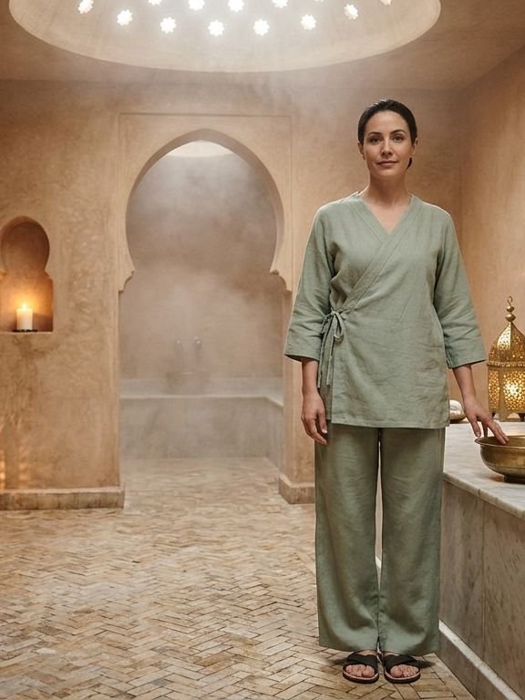 Tenue de spa vert sauge dans un hammam
