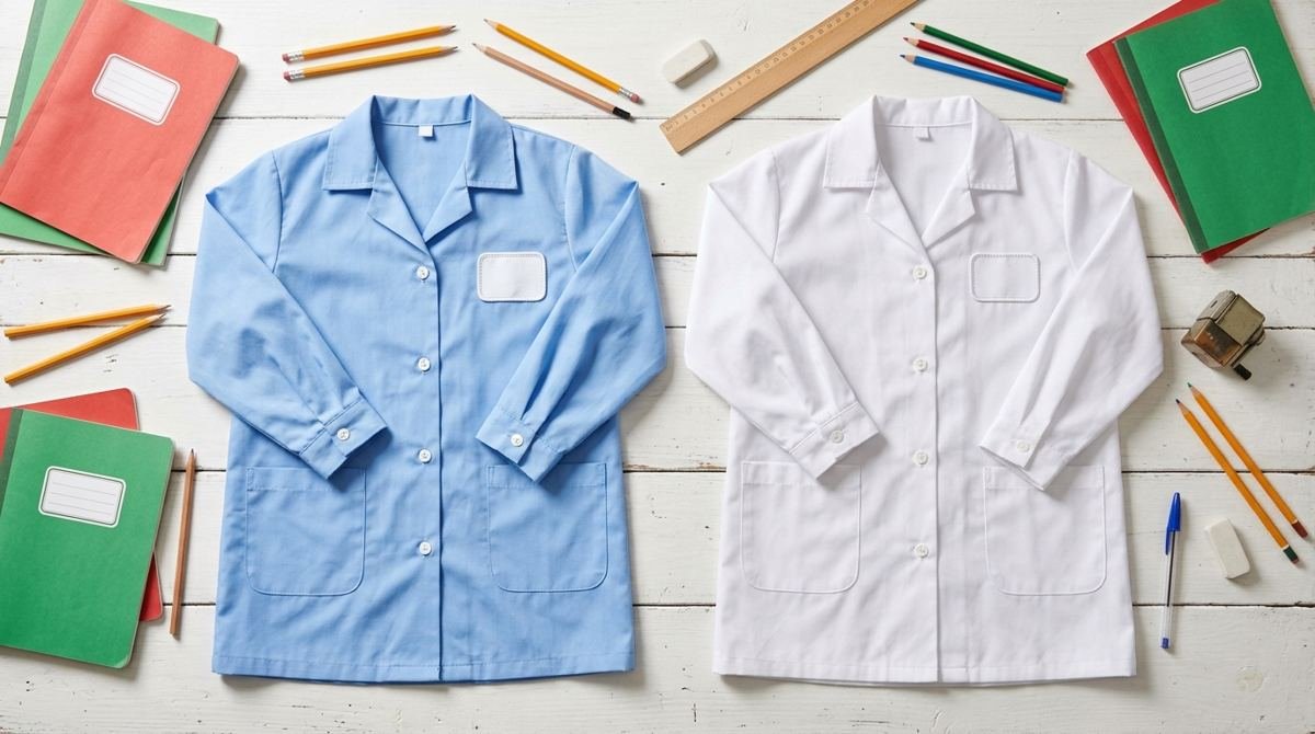 Tabliers scolaires blanc et bleu ciel posés à plat