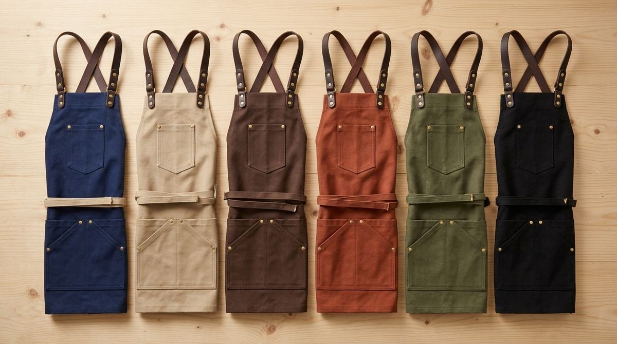 Six tabliers à bavette en toile de couleurs différentes